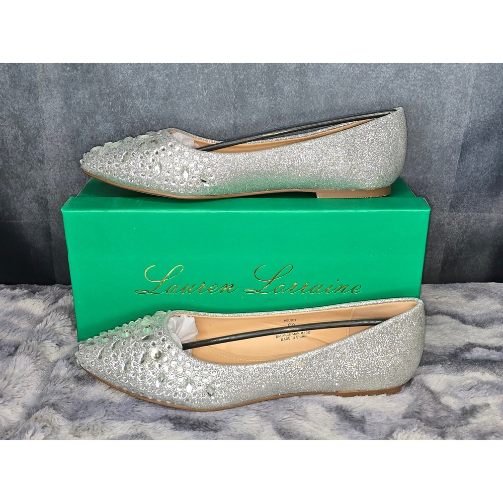 NWB Lauren Lorraine Kelsey Flats Silver Rhinestone Glitter Wedding Women 9.5